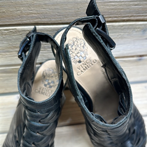 Vince Camuto EMORE Caged Woven Leather Heeled Sandals 8 1/2M / 38 1/2 Black - Picture 5 of 8